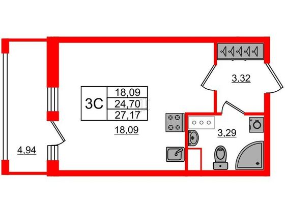 Продажа квартиры-студии 24,7 м², 13/17 этаж