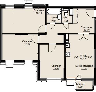 Продажа 3-комнатной квартиры 76 м², 3/17 этаж