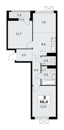 56,4 м², своб. планировка, 11/11 этаж