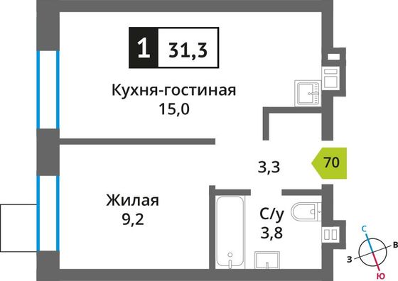 Продажа 1-комнатной квартиры 31,3 м², 6/6 этаж