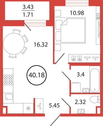 Продажа 1-комнатной квартиры 40,2 м², 12/12 этаж