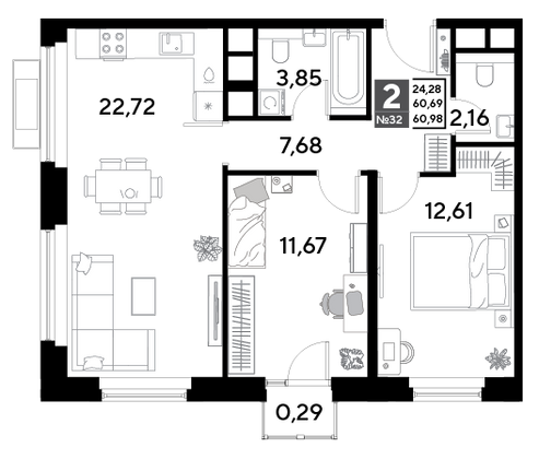 Продажа 2-комнатной квартиры 61 м², 4/25 этаж