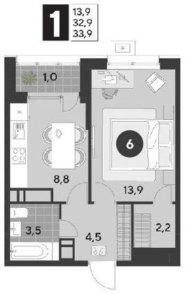 Продажа 1-комнатной квартиры 33,9 м², 2/21 этаж