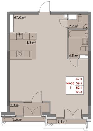 Продажа 1-комнатной квартиры 62,1 м², 6/6 этаж