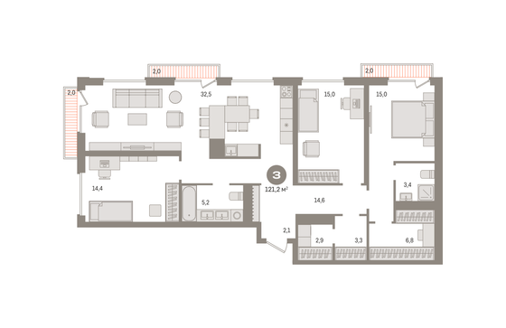 Продажа 3-комнатной квартиры 121,2 м², 5/14 этаж