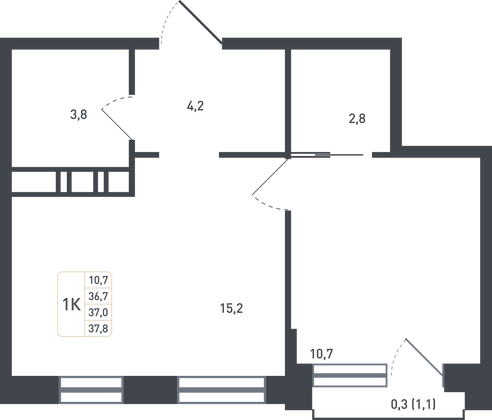 37 м², 1-комн. квартира, 6/8 этаж