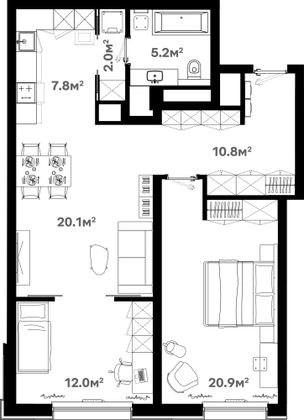 80,5 м², 2-комн. квартира, 18/20 этаж