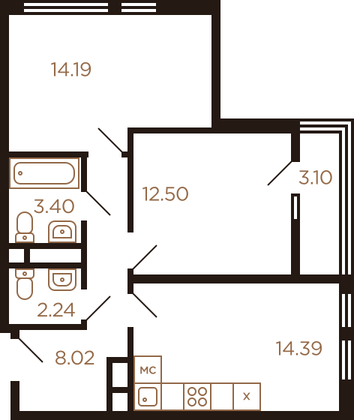 54,7 м², 2-комн. квартира, 7/8 этаж