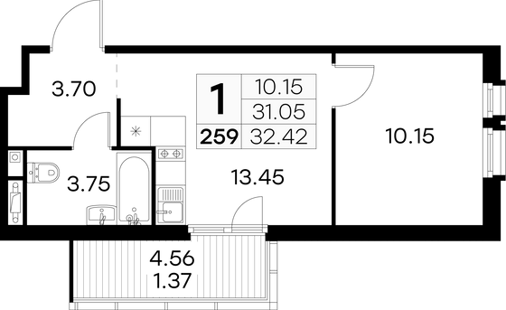 32,4 м², 1-комн. квартира, 12/15 этаж