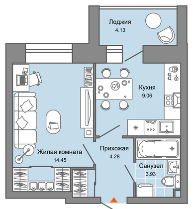 34 м², 1-комн. квартира, 1/7 этаж