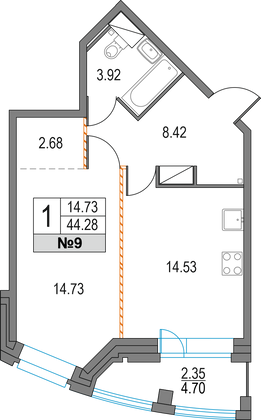 Продажа 1-комнатной квартиры 44,3 м², 3/25 этаж