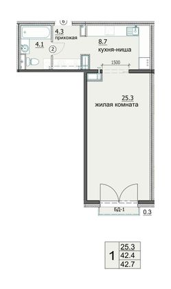 42,7 м², 1-комн. квартира, 18/18 этаж