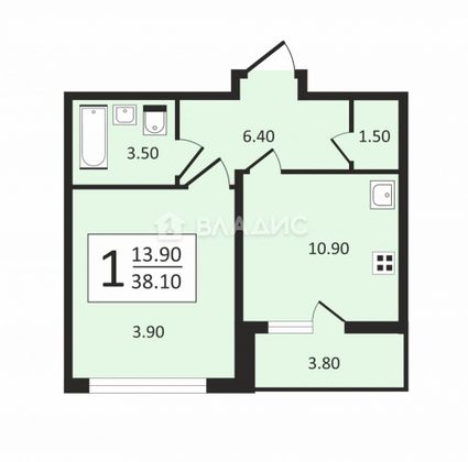 Продажа 1-комнатной квартиры 38,1 м², 7/25 этаж