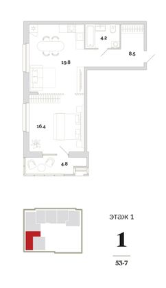 Продажа 1-комнатной квартиры 53,7 м², 1/18 этаж