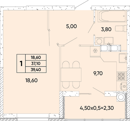 39,4 м², 1-комн. квартира, 4/8 этаж