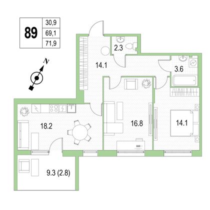 Продажа 2-комнатной квартиры 71,9 м², 3/4 этаж