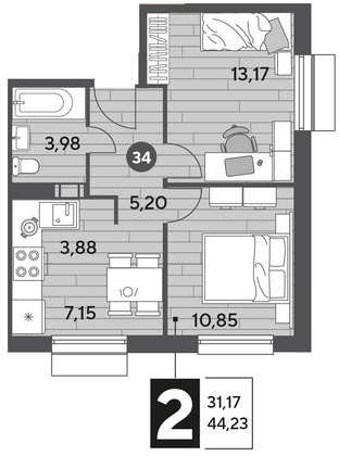 Продажа 2-комнатной квартиры 44,2 м², 6/9 этаж