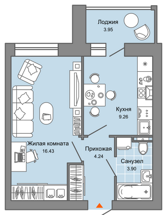 36 м², 1-комн. квартира, 6/9 этаж