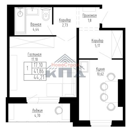 Продажа 1-комнатной квартиры 44 м², 10/15 этаж