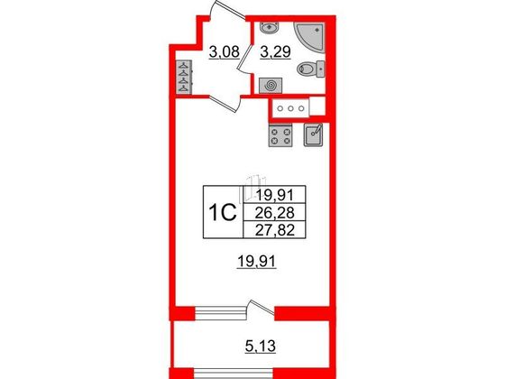 Продажа квартиры-студии 26,3 м², 9/12 этаж