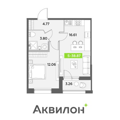 38,9 м², 1-комн. квартира, 3/12 этаж