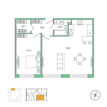 61,2 м², 1-комн. квартира, 1/7 этаж