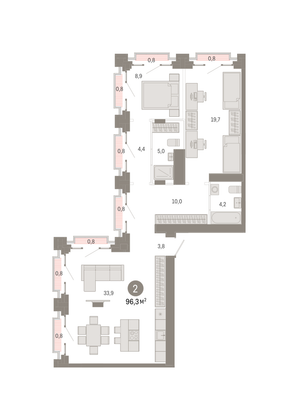 96,3 м², 2-комн. квартира, 31/31 этаж