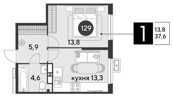 37,6 м², 1-комн. квартира, 14/18 этаж