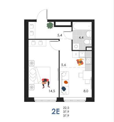 37,9 м², 2-комн. квартира, 1/6 этаж