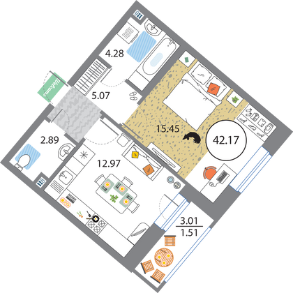 Продажа 1-комнатной квартиры 42,2 м², 2/12 этаж