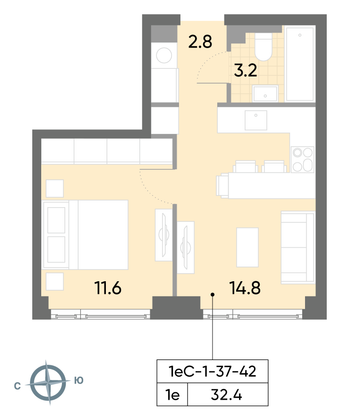 Продажа 1-комнатной квартиры 32,4 м², 42/52 этаж