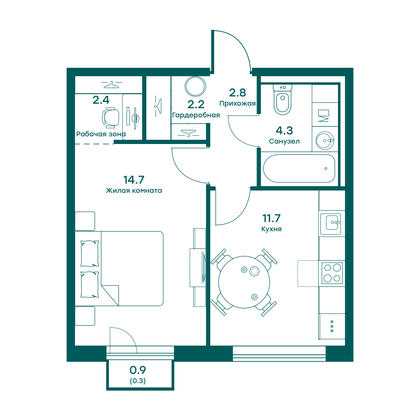 38,4 м², 1-комн. квартира, 2 этаж