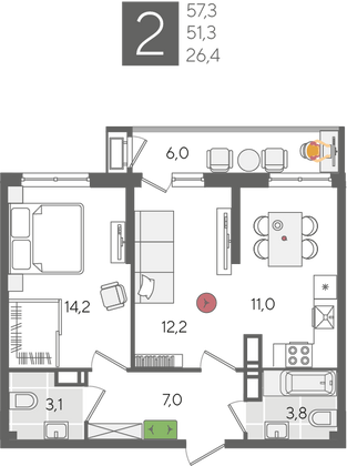 Продажа 2-комнатной квартиры 57,3 м², 14/24 этаж