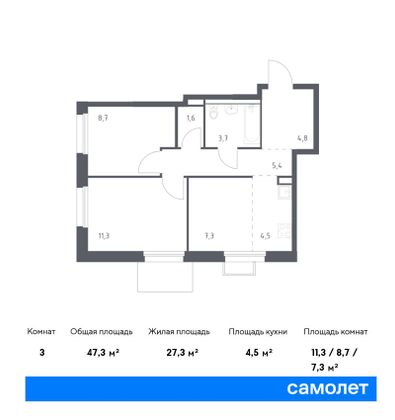 47,3 м², 2-комн. квартира, 15/25 этаж