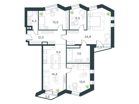 108 м², 4-комн. квартира, 18/24 этаж