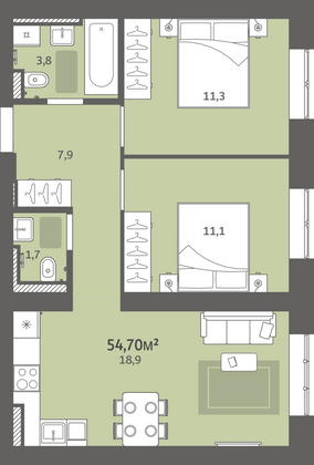 Продажа 2-комнатной квартиры 54,7 м², 4/9 этаж