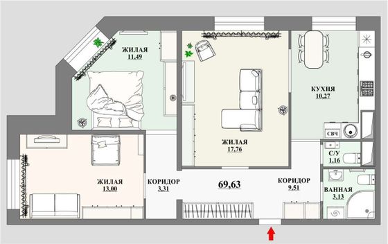 Продажа 3-комнатной квартиры 69 м², 2/27 этаж