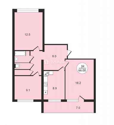 Продажа 3-комнатной квартиры 66 м², 9/16 этаж