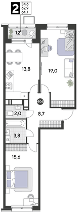 Продажа 2-комнатной квартиры 64,1 м², 18/21 этаж