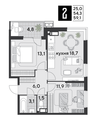 Продажа 2-комнатной квартиры 59,1 м², 13/18 этаж