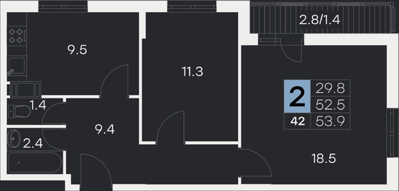 53,9 м², 2-комн. квартира, 8/9 этаж