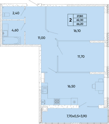 66,2 м², 2-комн. квартира, 2/6 этаж