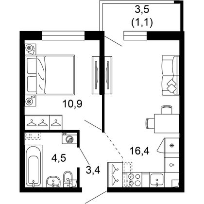 36,3 м², 1-комн. квартира, 2/17 этаж