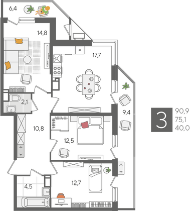 Продажа 3-комнатной квартиры 90,9 м², 23/24 этаж