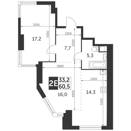 60,5 м², 2-комн. квартира, 28/47 этаж