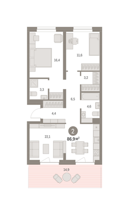 Продажа 2-комнатной квартиры 86,9 м², 1/8 этаж