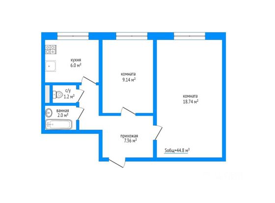 Продажа 2-комнатной квартиры 44,8 м², 2/9 этаж