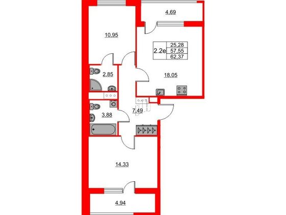 Продажа 2-комнатной квартиры 57,5 м², 9/23 этаж