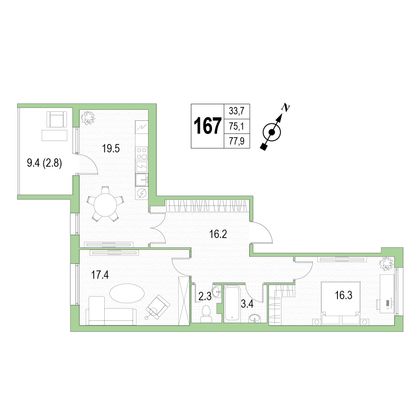 Продажа 2-комнатной квартиры 77,9 м², 2/4 этаж
