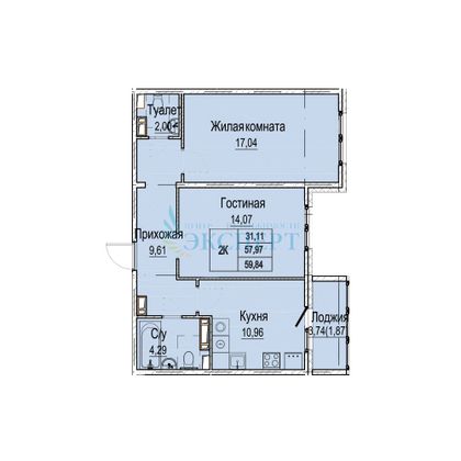 Продажа 2-комнатной квартиры 59,8 м², 2/9 этаж